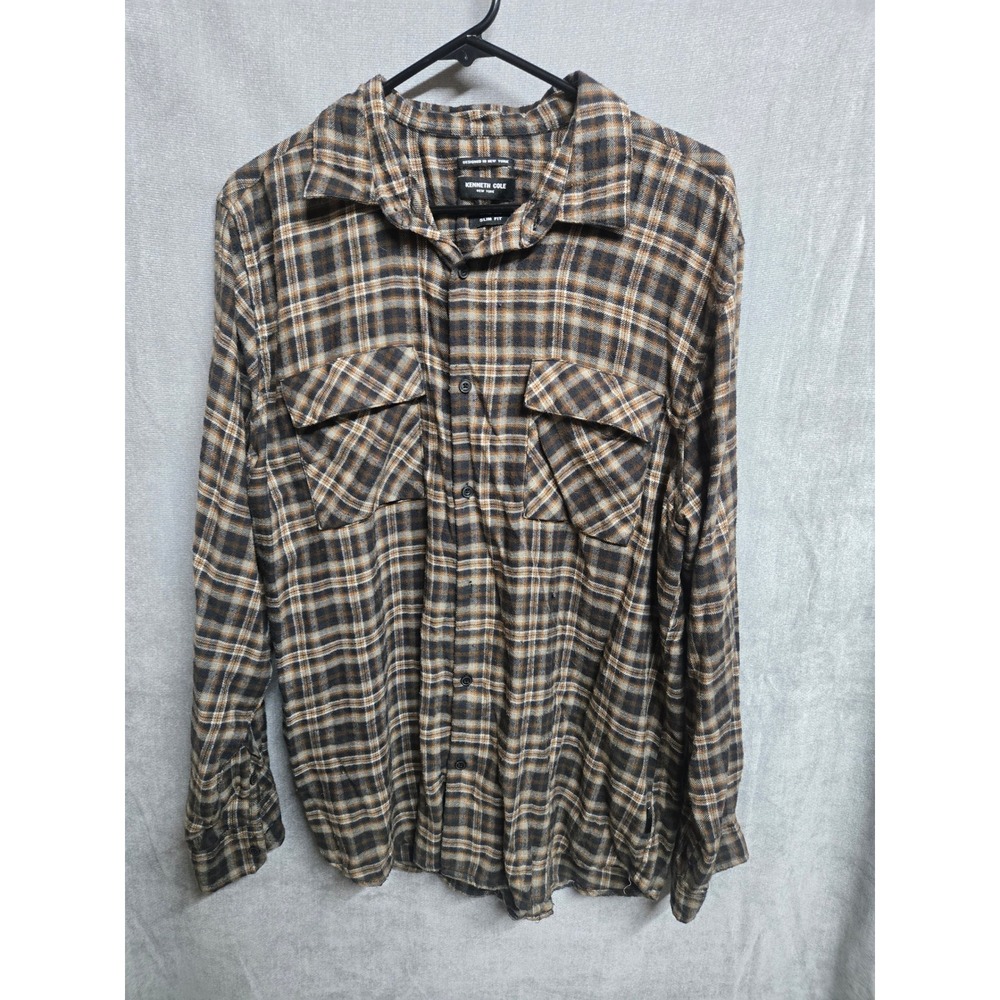 Kenneth Cole New York Mens Slim‎ Fit Plaid Flannel Shirt Brown Tan XL